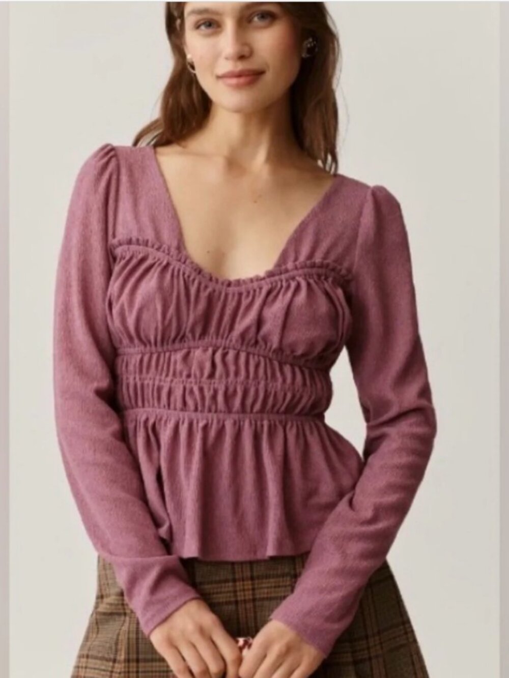 NWT Anthropologie Maeve Long-Sleeve Smocked Top in Soft Mauve